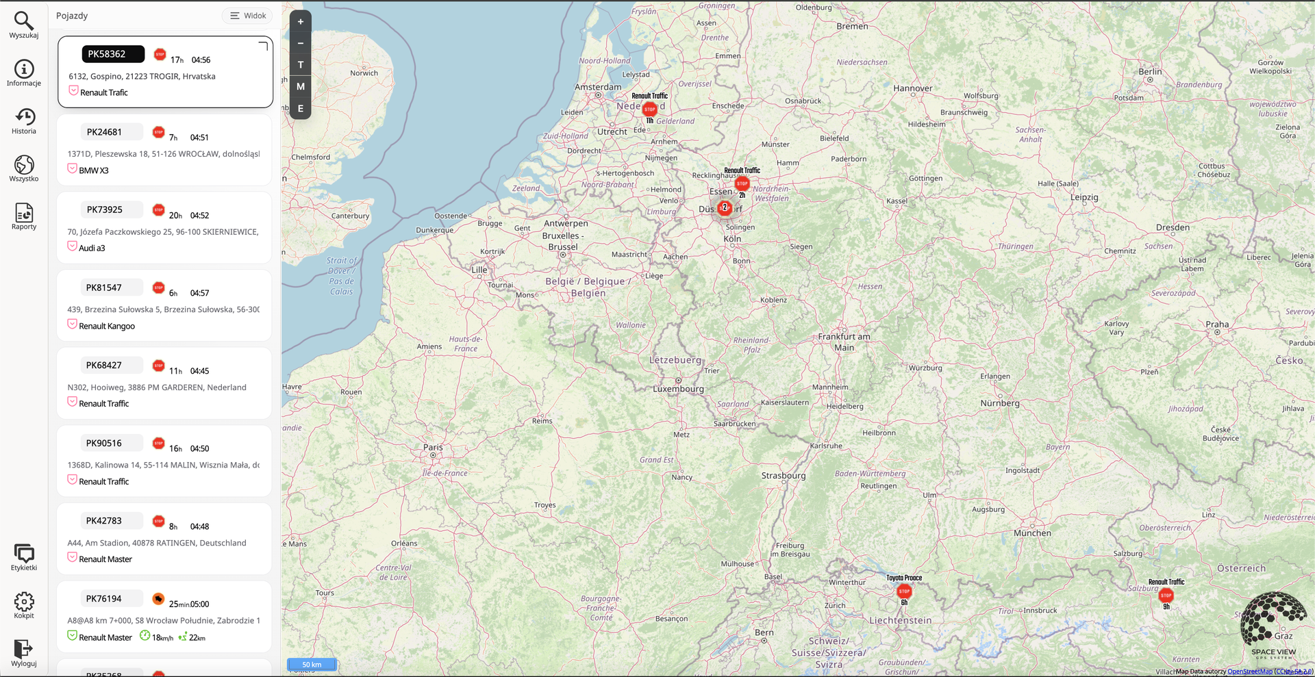Platforma SPACE VIEW: lista pojazdów i ich pozycje na mapie.