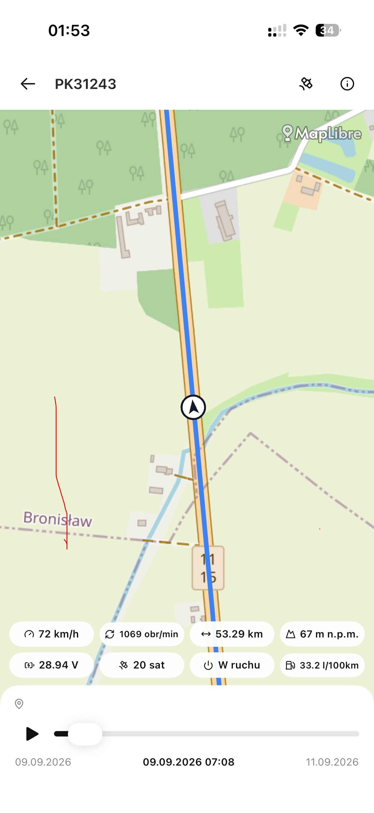 Mobilny widok SPACE VIEW: mapa i informacje o wybranym pojeździe.